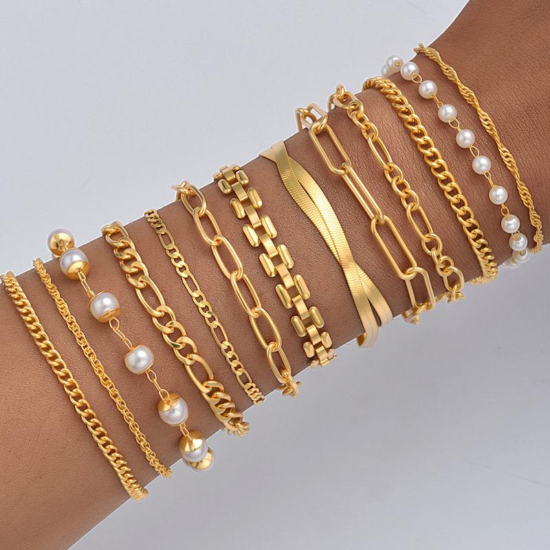 

9pcs Simple Punk Chunky Chain Bracelet Set for Women Fashion Metal Snake Twisted Designs Multi Layered Bracelets Daily Jewelry
