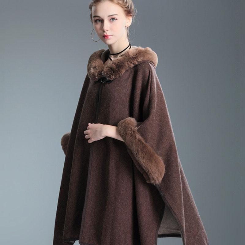 Herbst und Winter Imitation Rex Kaninchen Pelzkragen Kapuzenschal Damen Großer Wollmantel Mantel Lose Strickjacke Damen