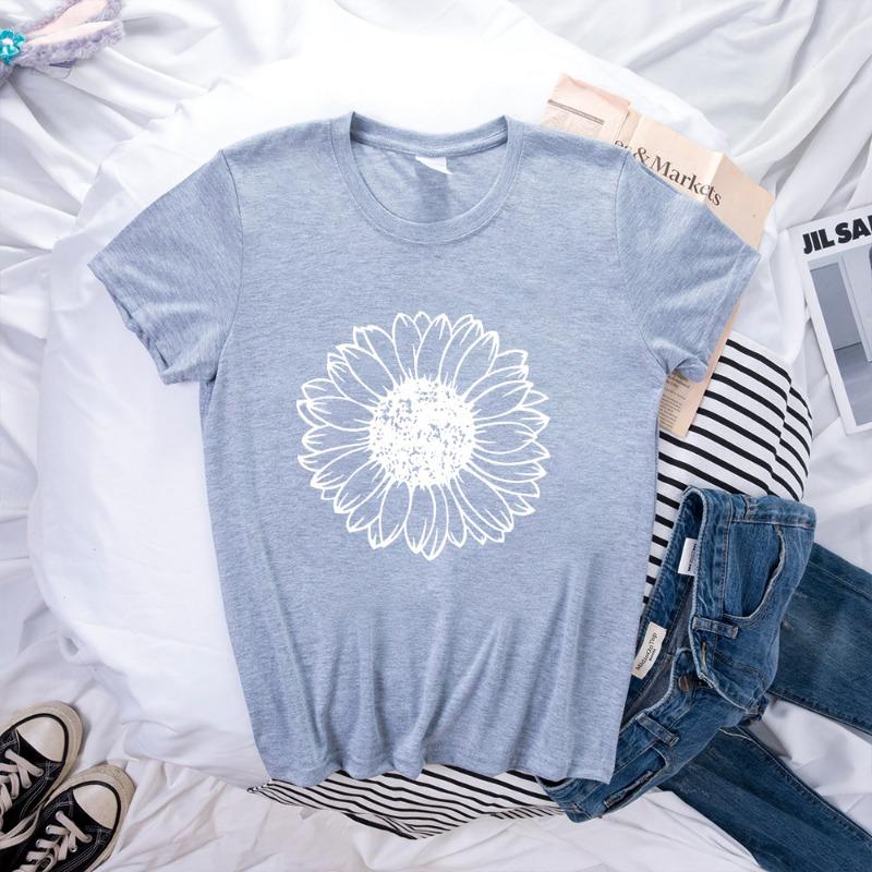 Spring Women's Simple Monochrome Sunflower Pattern Printed Pullover Loose Round Neck Pure Cotton Short Sleeved T-Shirts Women’s