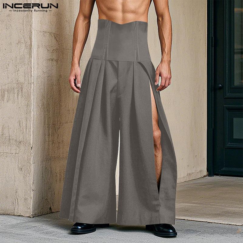 INCERUN Men High Slim Waist Zipper Casual Long Splits Wide Legs Pants Trousers
