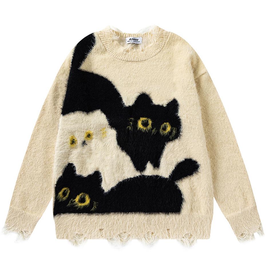 

2KWEIRD Funny Cat Sweaters Harajuku Oversized Hip Hop Sweater Pullover Knitted Jumper Y2K Vintage Streetwear Sweaters Unisex M