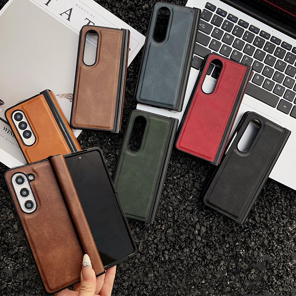 Business PU Leather Skin-friendly Phone Case for Samsung Galaxy Z Fold 7 6 5 4 Shockproof Pure Color Matte Hinge Protector Cover