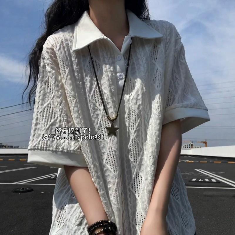 Womens Oversized Short Sleeve Polo T-Shirt Wheat Jacquard Casual Streetwear Couples