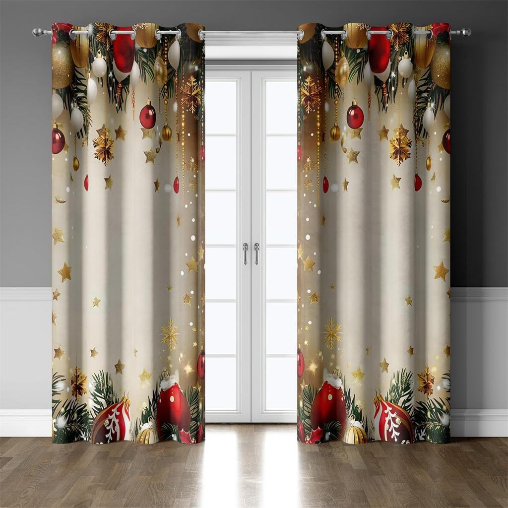 2 Panel Christmas Golden Bell 3D Digital Printed Curtain Classic Style Polyester Curtain, Bedroom Living Room Floor Curtain