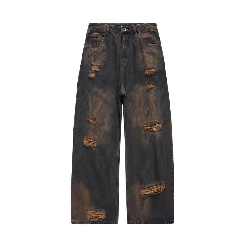 Mens Vintage Washed Distressed Wide Leg Low Rise Jeans With Hand-Painted Details Raw Hem