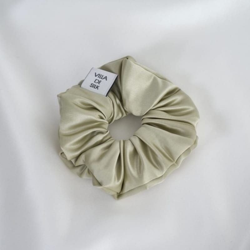 VILLA DE SILK High Density 100% Silk Scrunchie ( Light Khaki/ Camel / Vintage Blue )