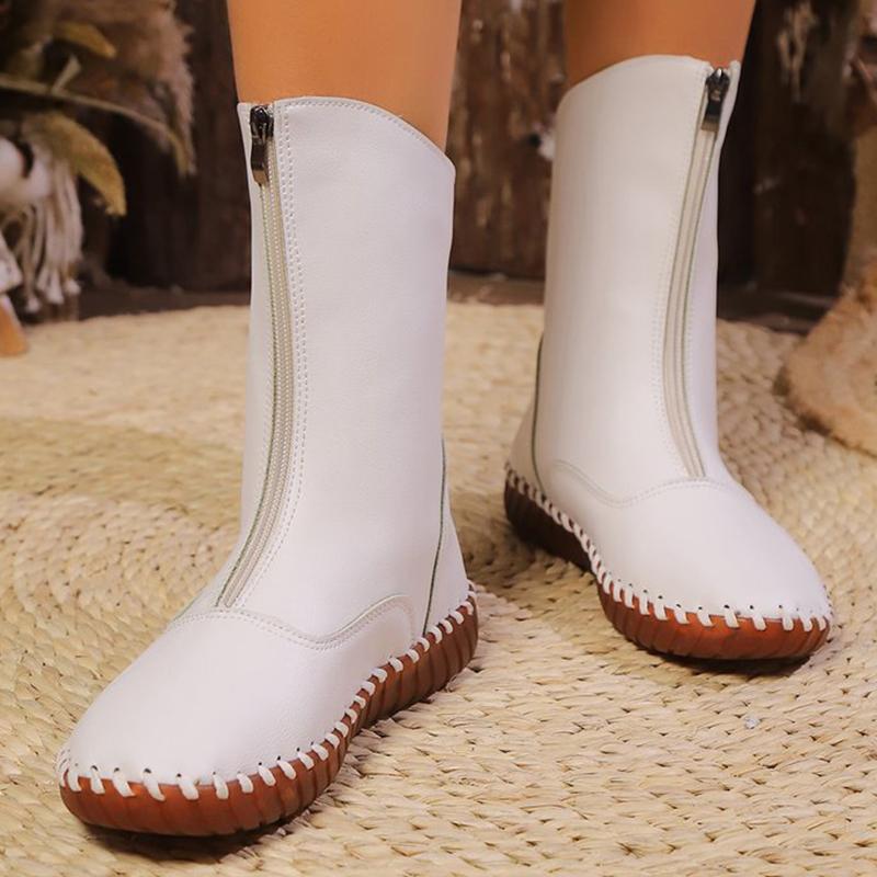 Fashion Vintage Pu Leather Mid-Calf Boots Women Winter Thick Warm Short Plush Boots Woman Zipper Flat Heel Beige Black Botas Mujer