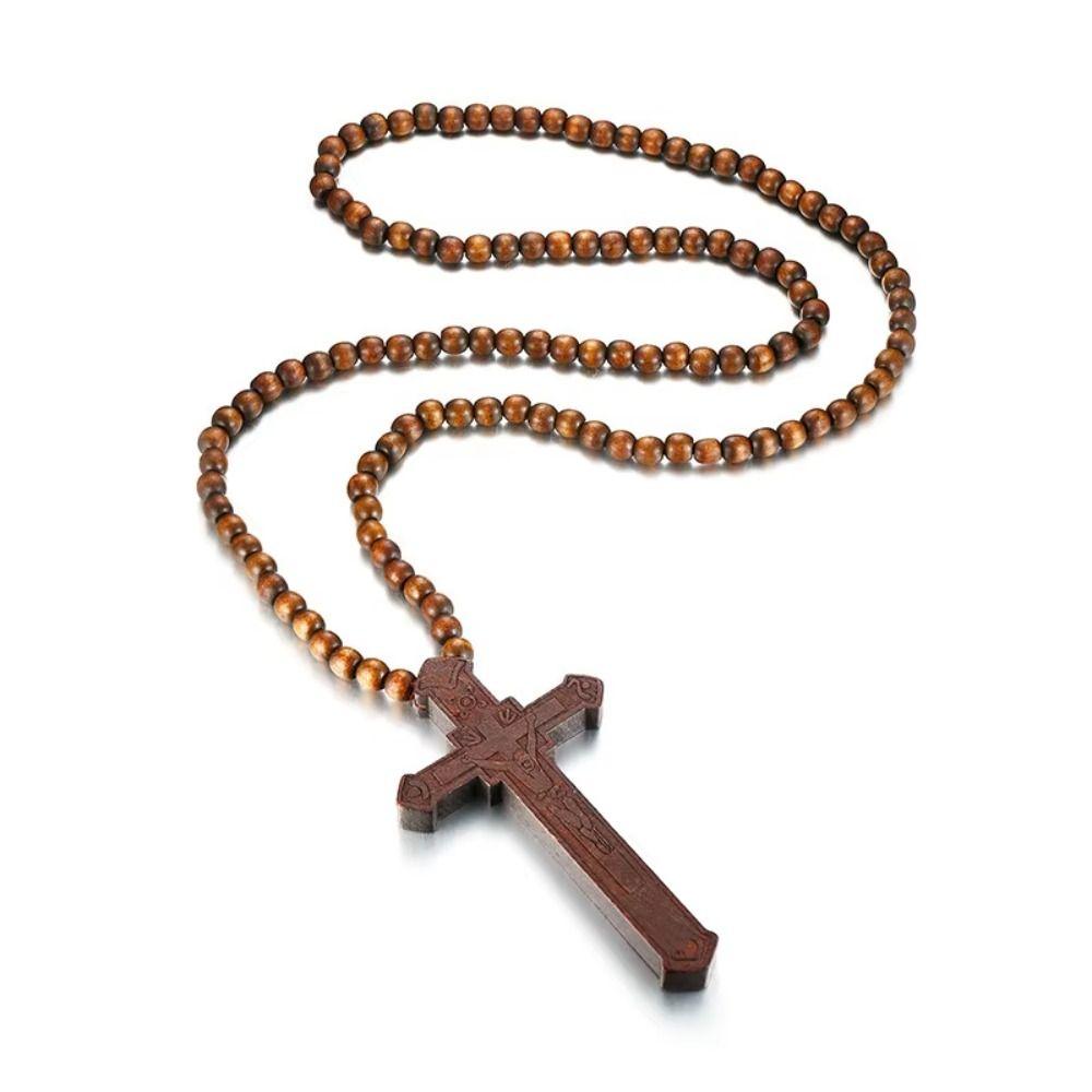 Houten Handgemaakte Rozenkrans Ketting Religieus Kruis Hanger Ketting Houten Kralen Ketting Bidden