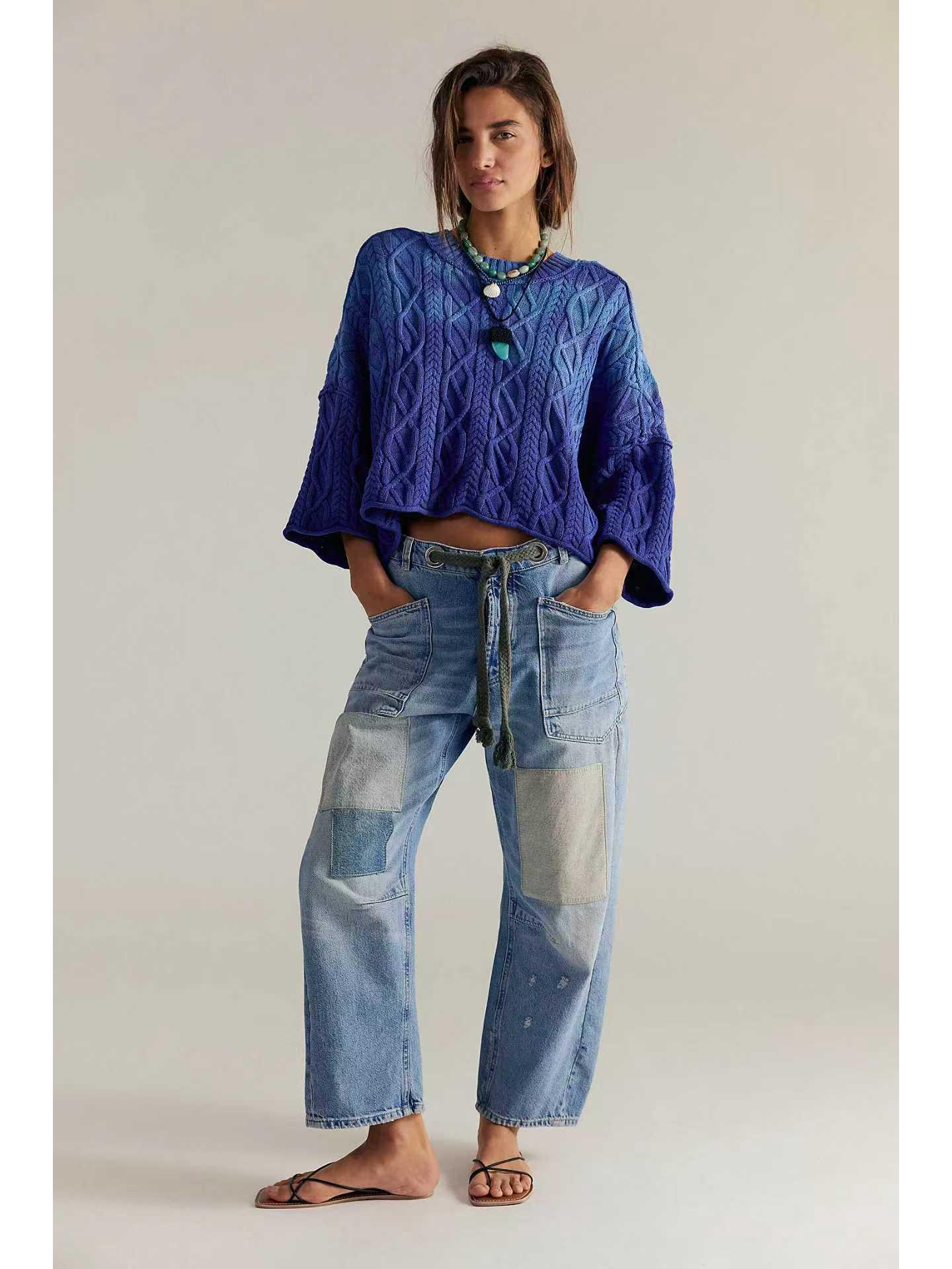 

Women s American-Inspired Spliced Patch Ink Splash Drawstring Lace-Up Jeans Small (S)