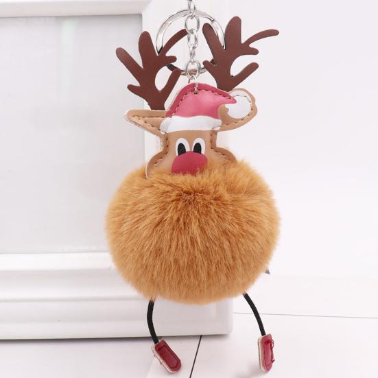Christmas Deer Keychain Cute Reindeer Pom Pom Keyring Faux Fur Fluffy Plush Ball Charm for Handbag Backpack Purse Accessory