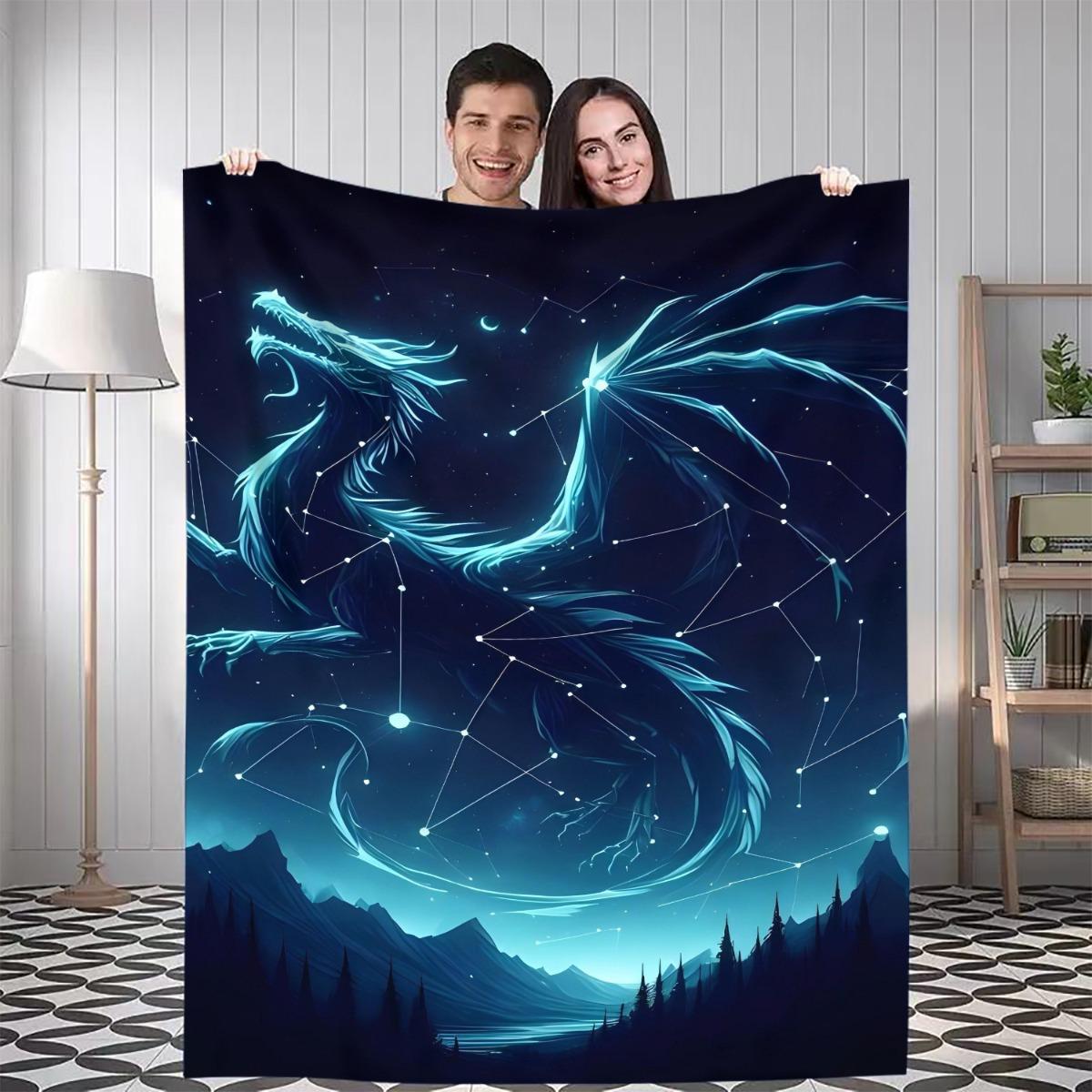 

1pc Giant Dragon Throw Blanket - Navy Blue & Dark Starry Night Sky Design with Dragon, Soft Flannel All-Season Warmth for Home 75x90cm28x35in