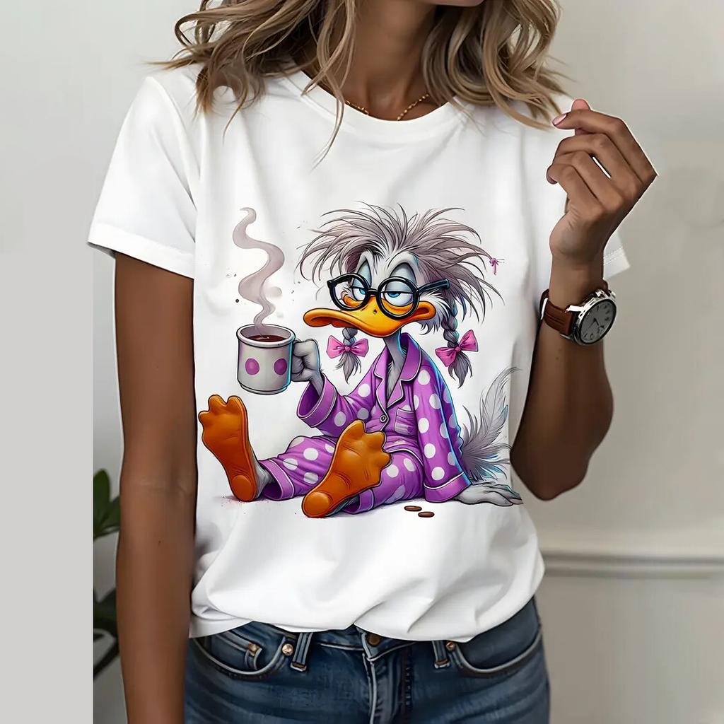 Sommar Rund Hals 3D Söt Tecknad Djur Grafiskt Tryck Topp Trendiga Casual Kortärmade Dam T-shirts