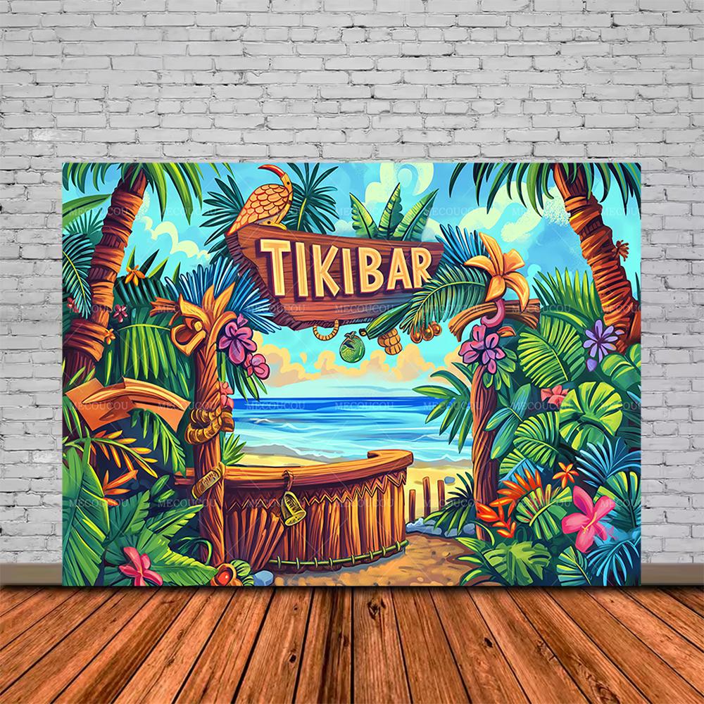 Tropische Tiki Bar Fotografie Hintergrund Blume Totem Banner Hawaii Meeresblick Hintergrund Babyparty Kindergeburtstagsparty Dekoration