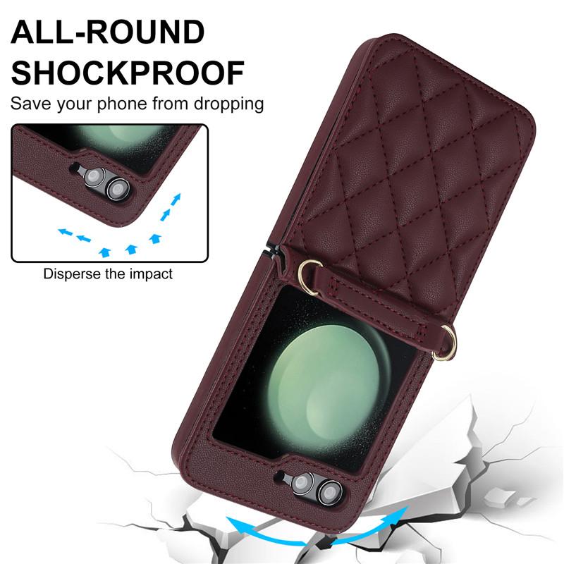 Luxury Wrist Rope Leather Phone Case For Samsung Galzxy Z Flip5 Flip4 Flip3 Flip 5 4 3 Crossbody Long Lanyard Cover Hoesje Coque