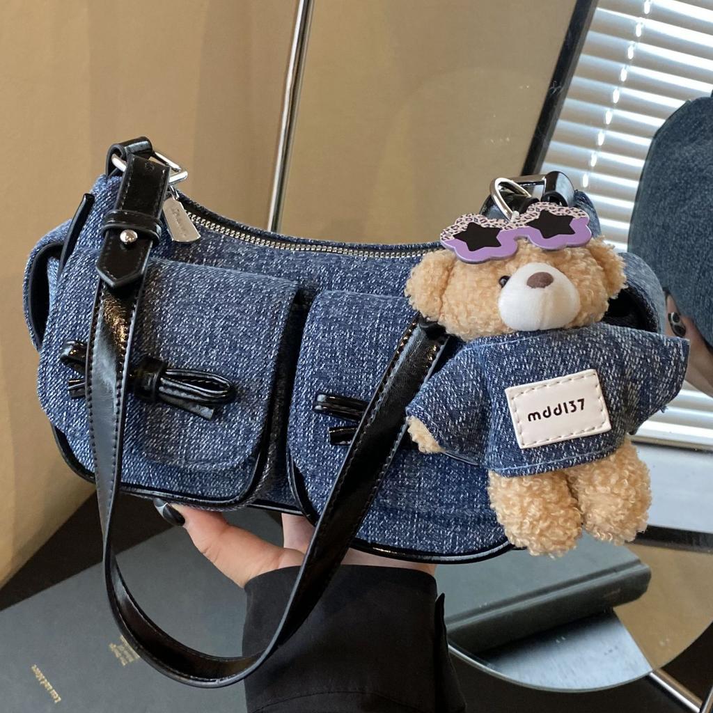 Fashion trend underarm bag women's 2025 new retro denim double pocket Boston bag shoulder messenger bag tide