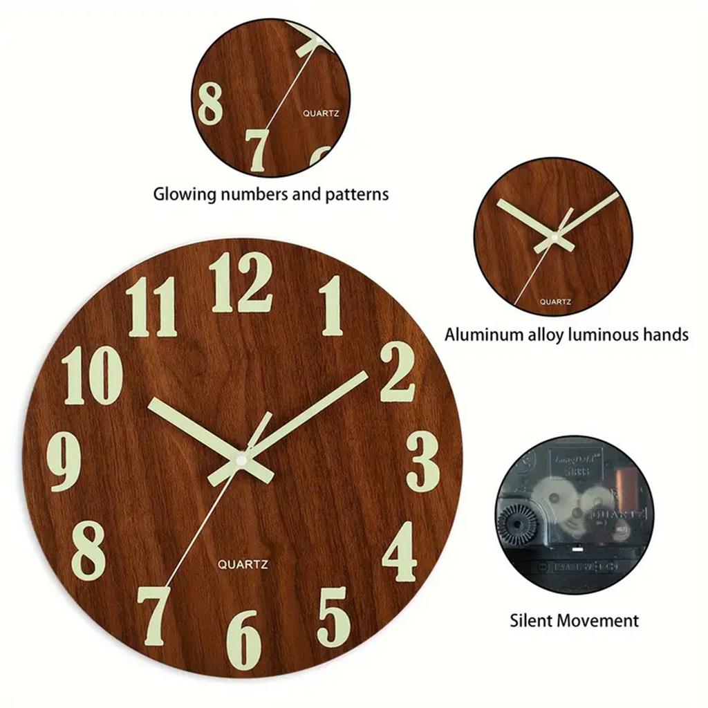 12 Inch Wooden Wall Clock Round Glow-in-The-Dark Silent Clocks Luminous Wall Clock for Living Room Bedroom Office Study Decors