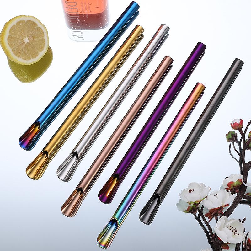 Reusable 304 Stainless Steel Straw Pearl Milkshake Bubble Tea Straw Stirring Smoothie Spoon Shaped Straw