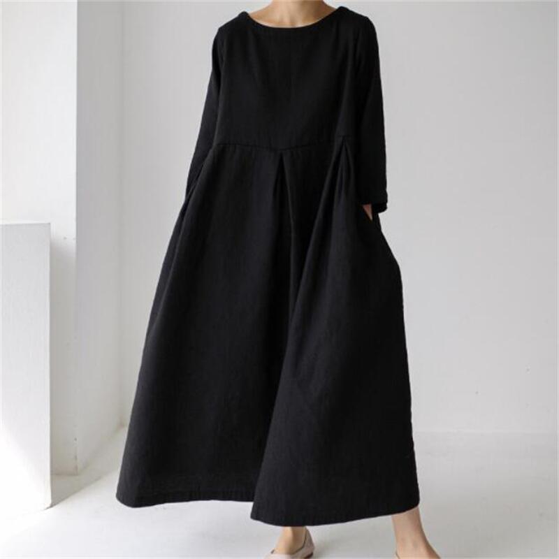 Plus Size Women Loose Cotton Linen Dress Oversized Round Neck Long Dress Elegant Casual Robe Spring Summer Autumn Dresses