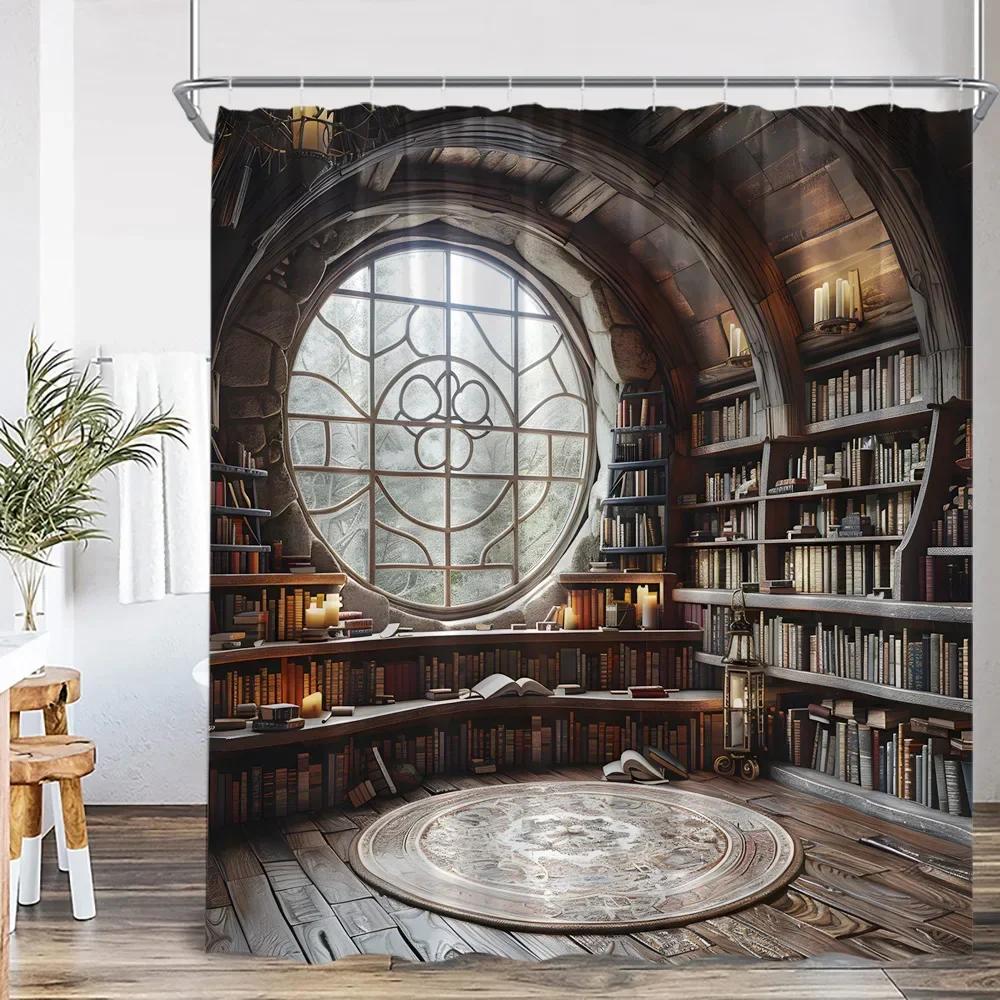 Vintage Library Shower Curtain Medieval Study Antique Castle Bath Decoration Study Theme Polyester Shower Curtain