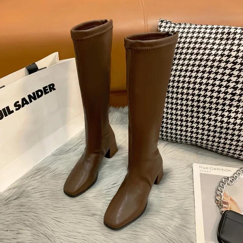 Fashion Women's Shoes 2024 Hot Sale Back Zip Women's Boots Fashion Square Toe Modern Boots Women Winter Plus Size Solid Knee-High Boots
