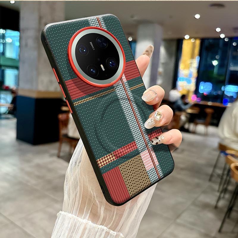 For Huawei Mate 70 60 Pro Case Red Green Stripe Pattern Leather Magsafe Individual Metal Keys Matte Anti-Slip Grip Soft Cover