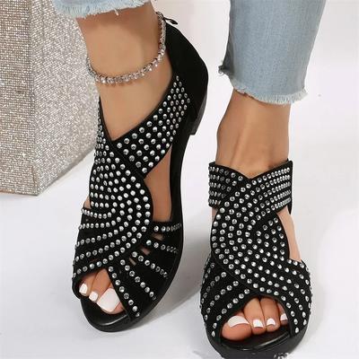 New Style Women Summer Hollow Out Faux Leather Rhinestones Thick Heel Zipper Sandals Shoes