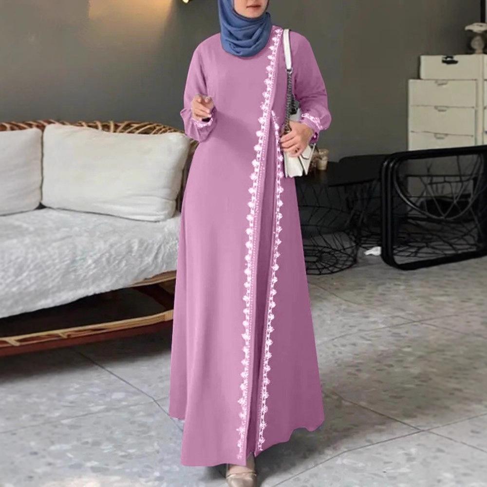 Muslim Women's Solid Color Lace Trim Casual Dress with Long Sleeves