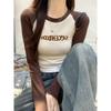 American raglan sleeve bottoming shirt T-shirt spring and autumn niche stitching color matching hot girl short embroidered long-sleeved top