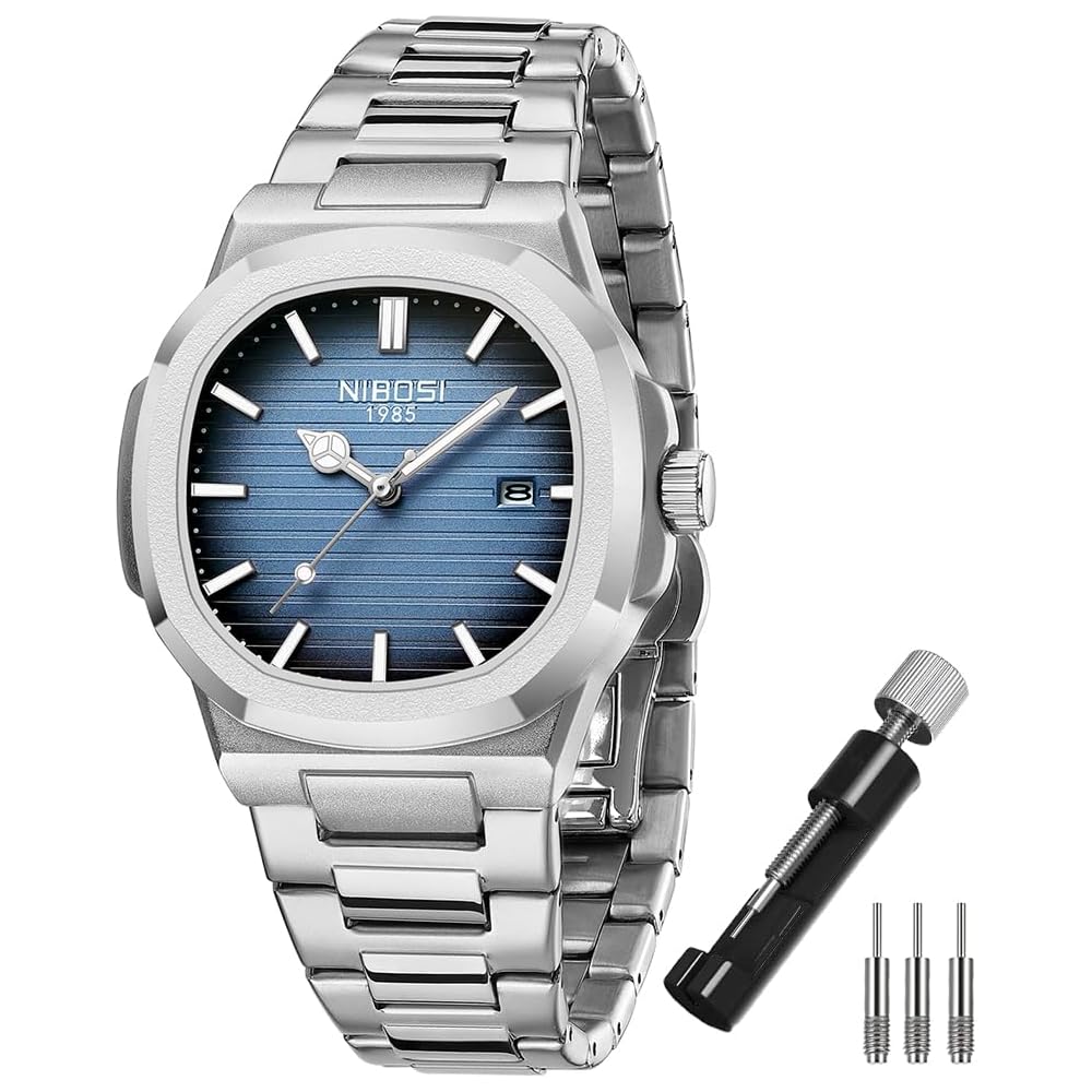 Nibosi Men s Classic Analog Watch Stainless Steel Waterproof Casual Date Display Silver Blue Metal Band