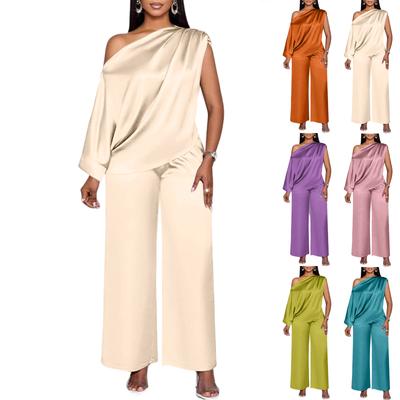 Modisches lässiges zweifarbiges Satin-Asymmetrie-Hals-Oberteil und lässige Hose für Damen, zweiteiliges Set