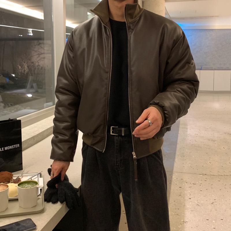 

Короткое хлопковое пальто из искусственной кожи, мужское зимнее теплое пальто с воротником-стойкой, модное хлопковое пальто в корейском стиле 2XL коричневый