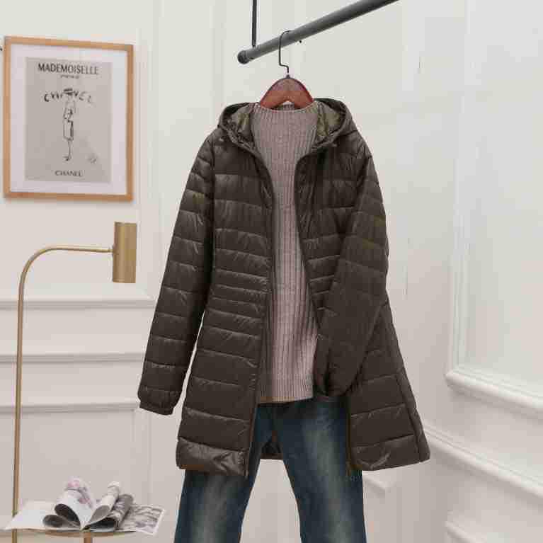 Jachetă de puf de damă ușoară, cu glugă, de lungime medie, cu glugă detașabilă - Palton de toamnă/iarnă la modă, mărime plus