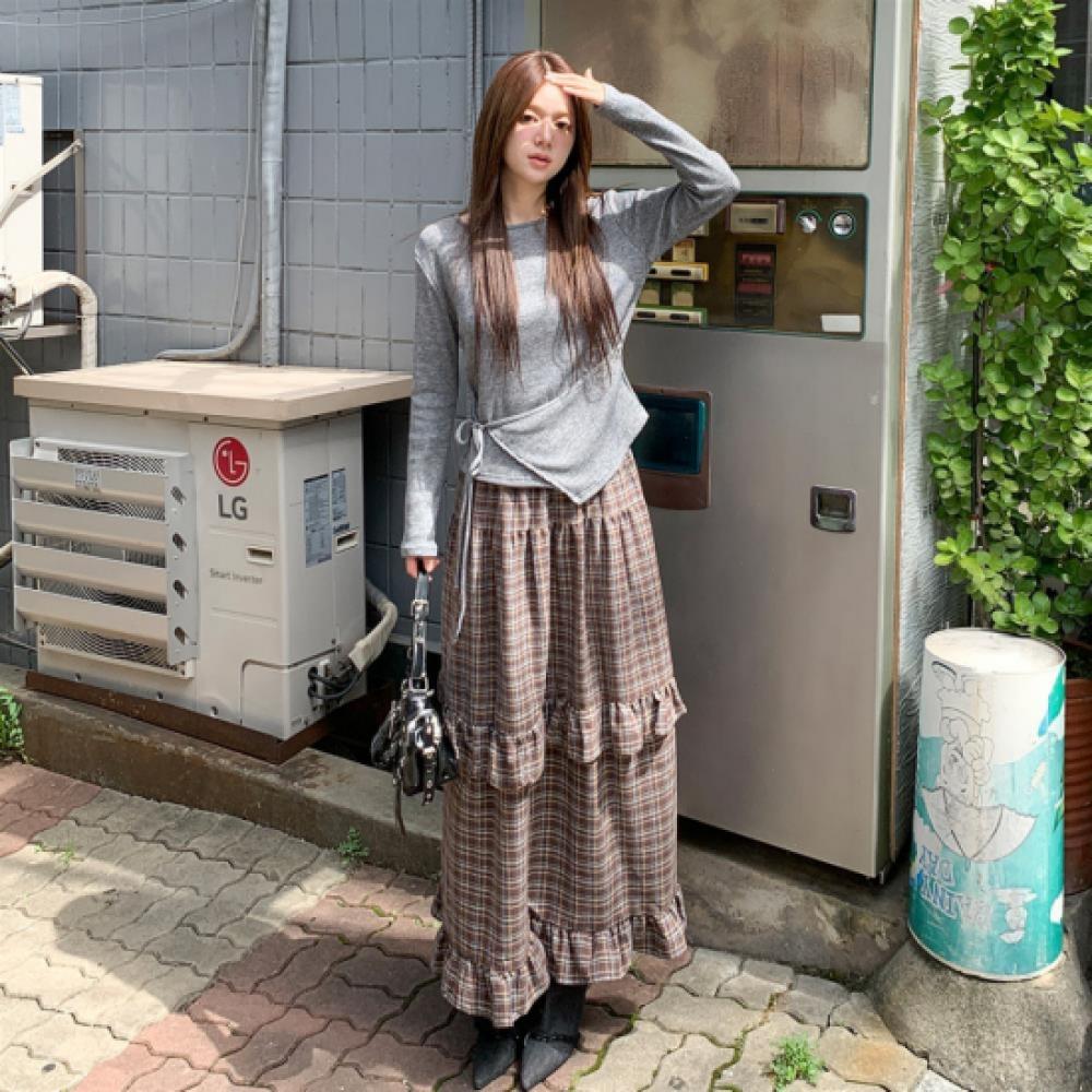 New Arrivals Open Run Women Frill Check Long Skirt