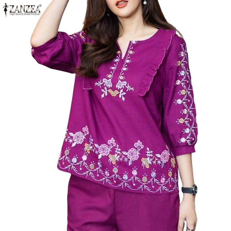 ZANZEA Dámská ležérní halenka s výstřihem do V a 3/4 rukávy s květinovým potiskem