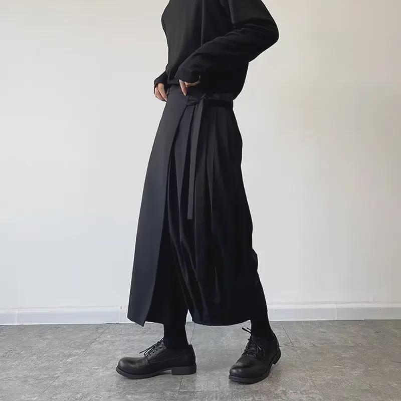 Yohji Yamamoto Pánské černé bojovnické kendo kalhoty-sukně – Rovný široký střih pro jaro a podzim