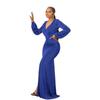 Women's V Neck Long Lantern Sleeve Maxi Dress Solid Color Ruched Bodycon Side Slit Floor Length Formal Evening Party Casual Gown
