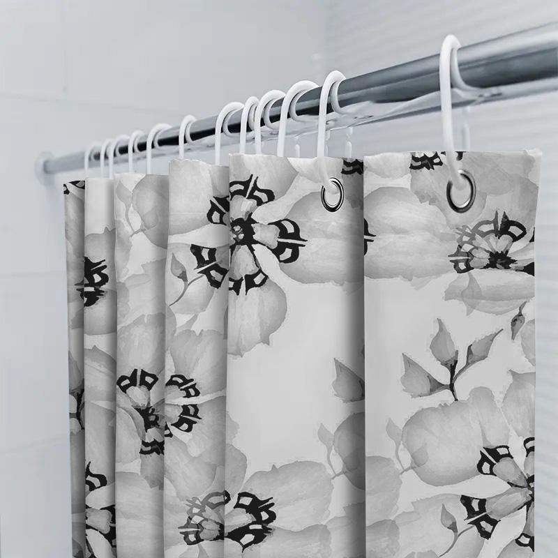 Modern White Flower Printed Shower Curtain Waterproof Fabric Bathroom Decor For Home Decoration