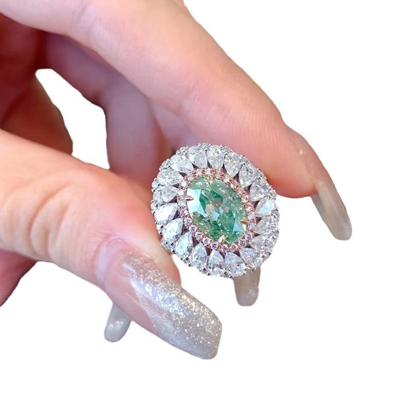 Lulu Tong 2 Carat Oval Green Diamond s925 Silver Ring, Natural Diamond, Elegant European & American Style.