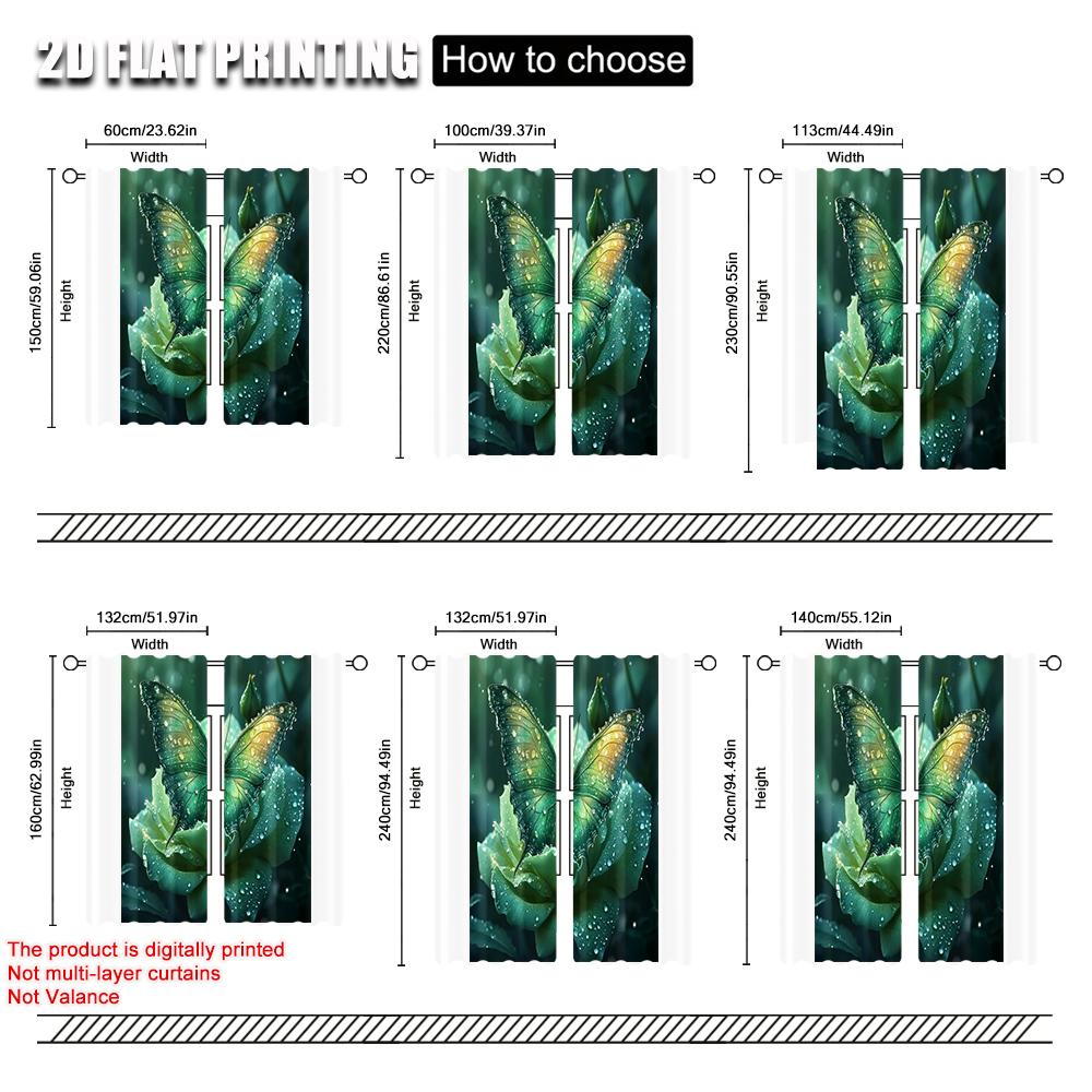 2pcs   Upscale Curtains 2D print Green Butterfly & Blooming Rose Versatile 100% Polyester (without rod) Stuff Clearance Perfect