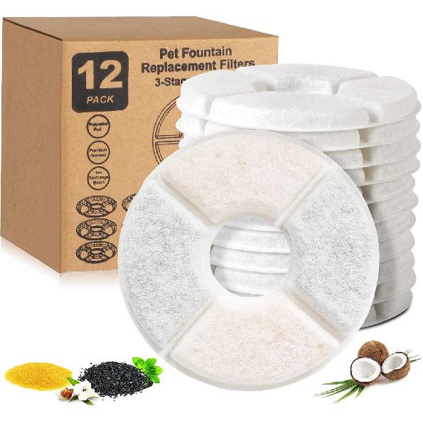 Cat Water Fountain Replacement Filter,12 Pack Carbon Filters, Cat &Dog Fountain of Pet Water Fountain Activated Carbon Filter