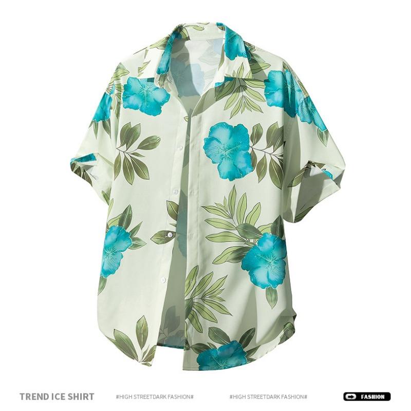 Men's Oversized Floral Print Short Sleeve Shirt - Light Green Hawaiian Casual Button Down Top