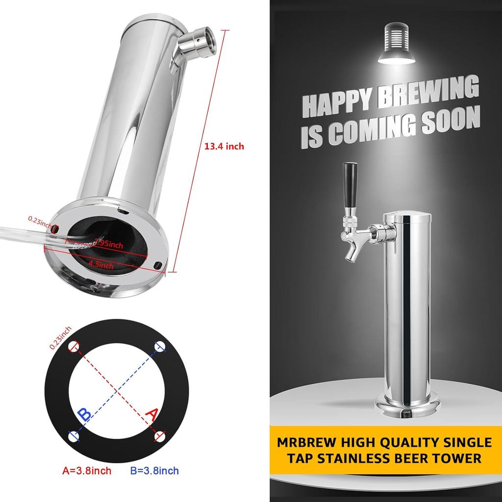 Single Tap Draft Beer Tower, Support Countertop and Kegerator Installation, Stainless Core Beer Faucet Stainless Steel 3'' Flange Brewing Tower