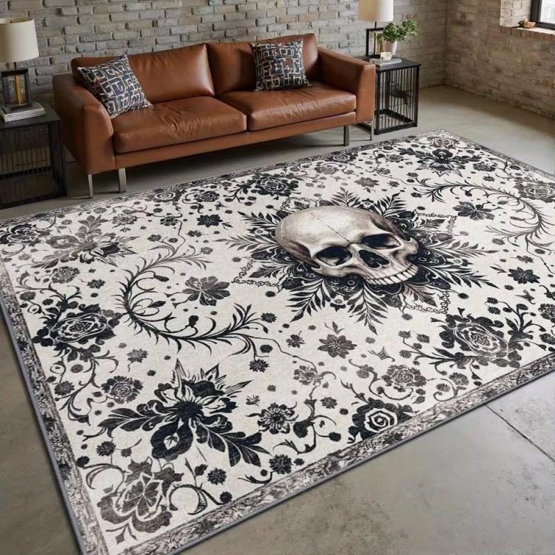 Vintage Black Floral Skull Chain Border Print Large Area Rug Soft Flannel Non Slip Floor Carpet for Living Room Home Decor