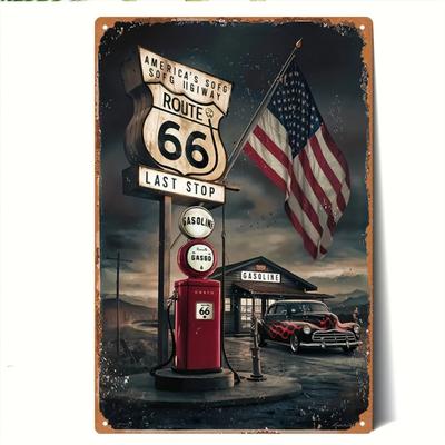 Metall Route 66 Schild Amerikanische Wanddekoration Vintage Retro Schild US-Flagge Auto Benzin Eisenblech Kunst 20x30cm Heimbar Man Cave