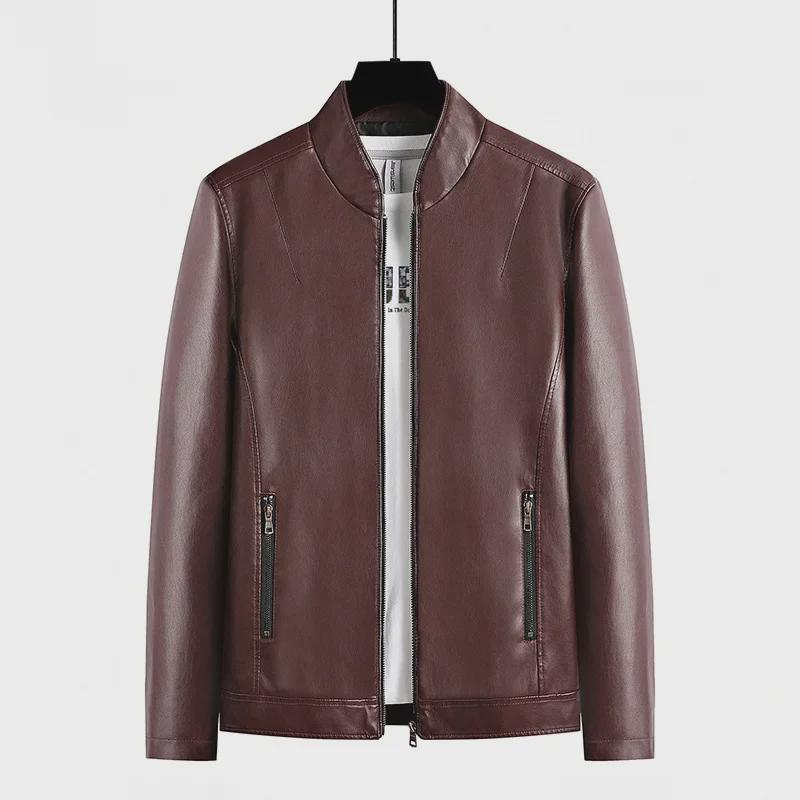 Męska modna kurtka skórzana ze stójką na wiosnę i jesień 2023 z aksamitem dla młodzieży