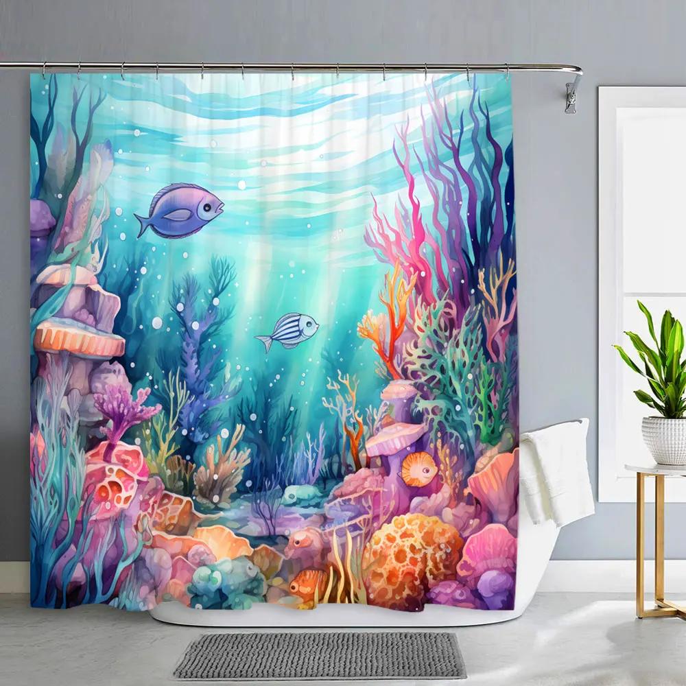 Ocean Animals Bathroom Curtains Watercolour Octopus Jellyfish Turtle Polyester Fabric Washable Shower Curtains Bathroom Decor