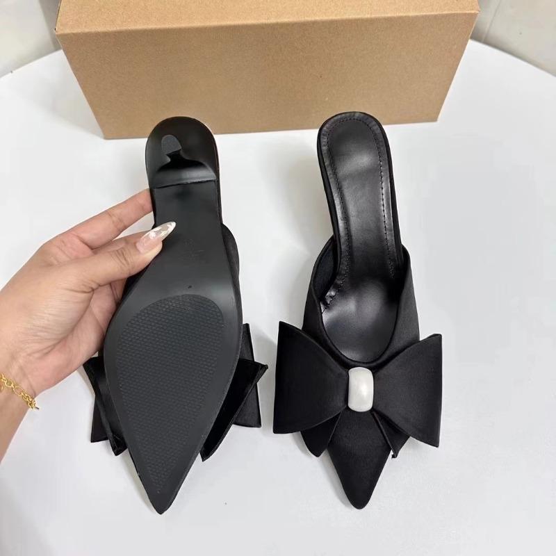 Women's Shoes with Artificial Pearl Decoration, Black Large Bow, Empty Pointed Toe, High-heeled Women's Sandals