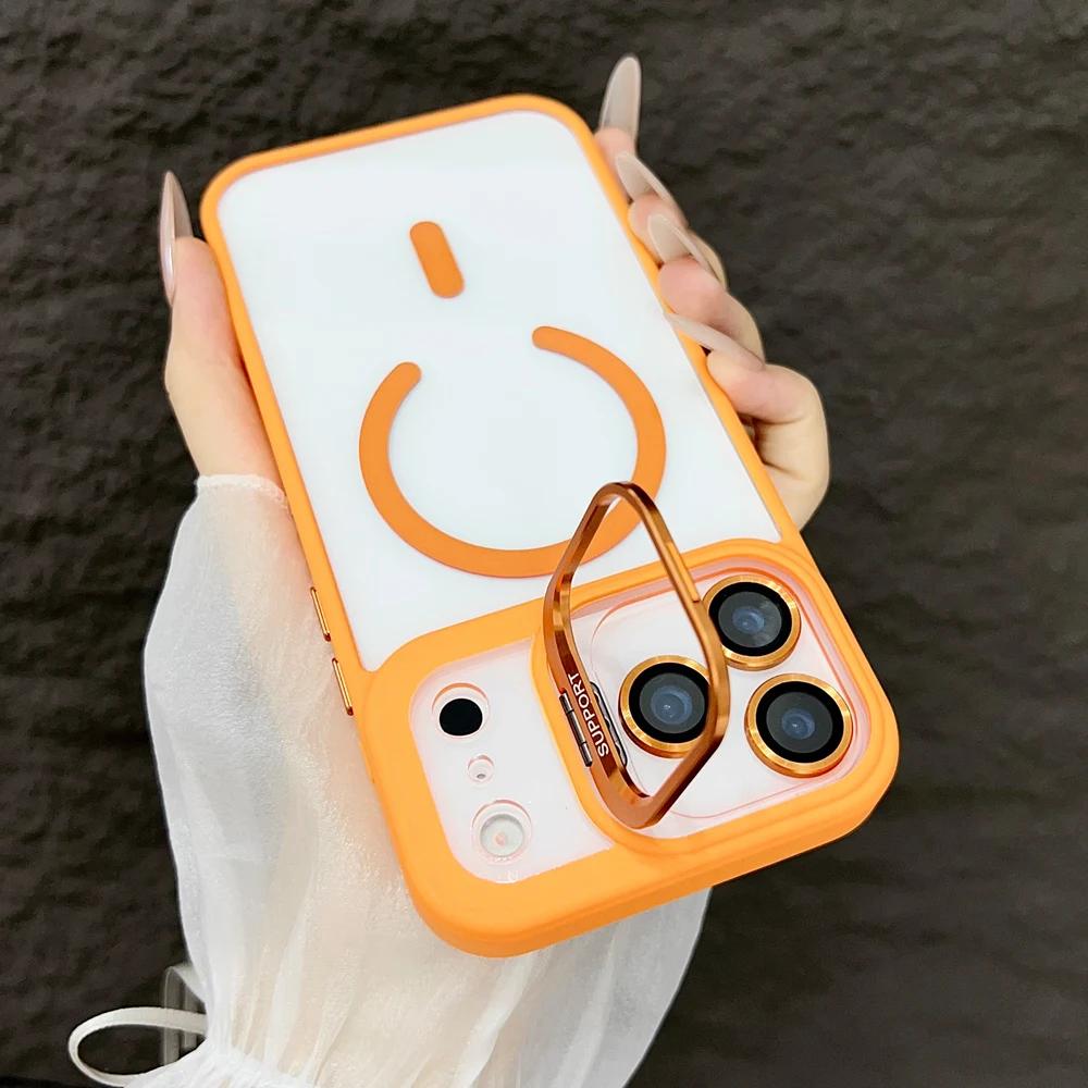 

For MagSafe Magnetic Phone Case For iPhone Air 17 16 16e 15 14 13 12 11 Pro Max Plus Metal Holder Stand Lens Protect Cover Coque iPhone 15 Pro Max помаранчевий