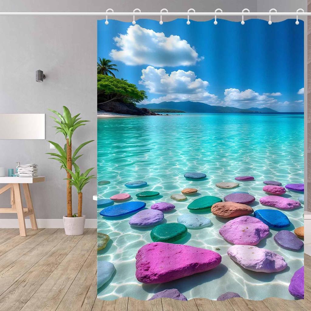 Reusable Shower Curtain With Hooks Mildew Proof For Bathtub And Shower Enclosures
