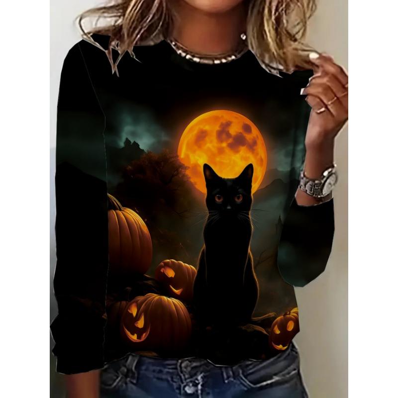 Directional Style Round Neck Long Sleeve Halloween Digital Print T-Shirt S